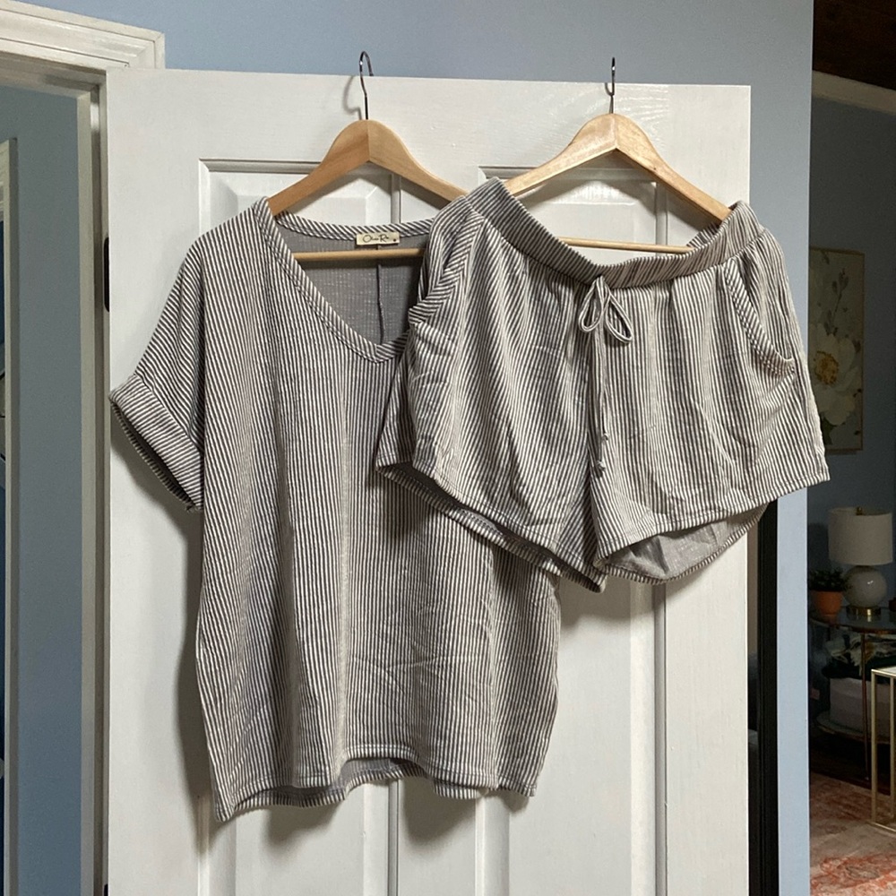 Pajama set, grey and white stripes, never worn